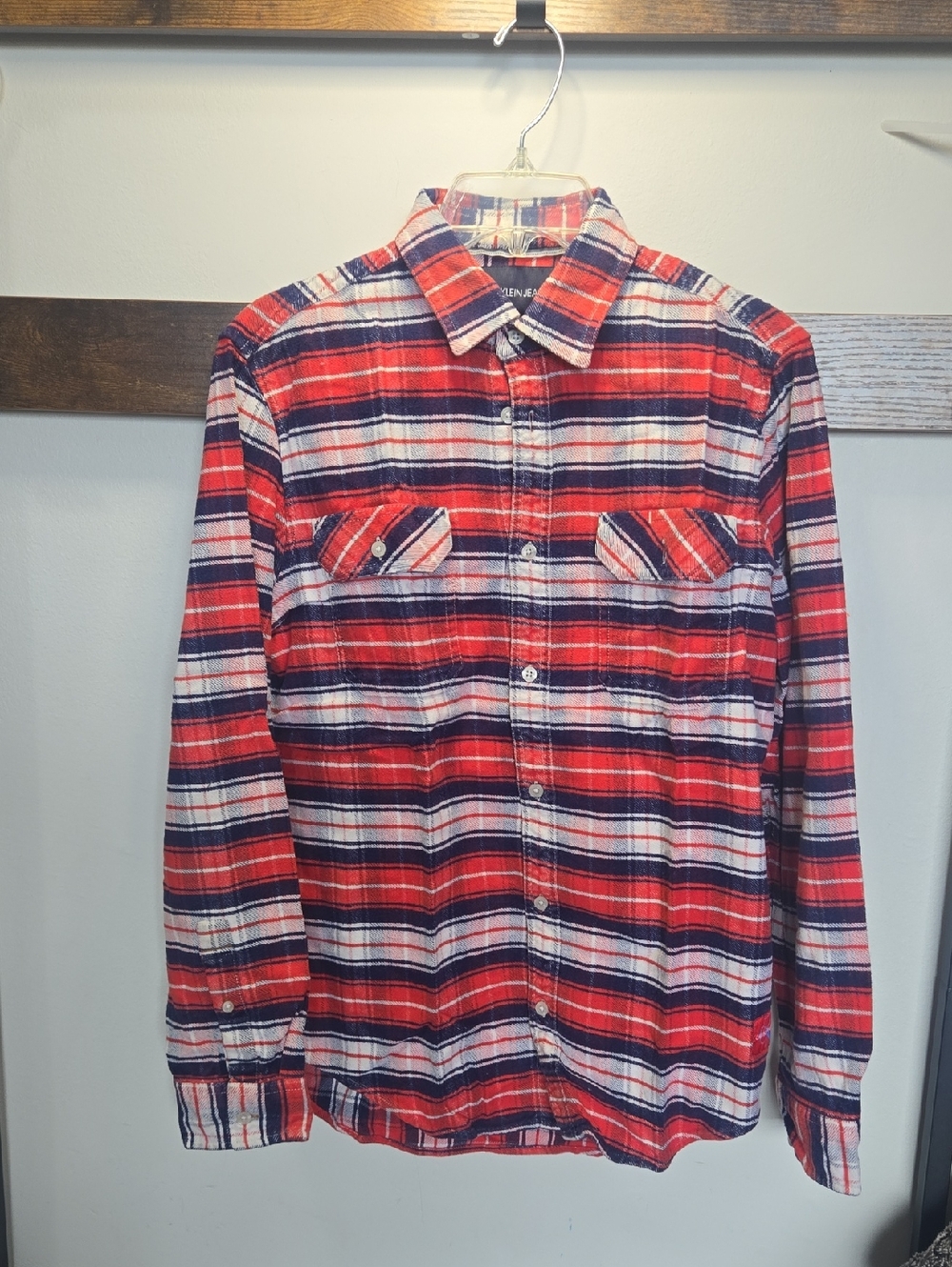 Calvin Klein Jeans Red White and Navy Plaid Button-Down Shirt
